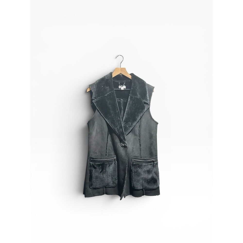 Susan Graver Faux Suede Fur Shearling Vest Women’s Medium Black Farmhouse Jacket